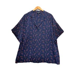 Lafayette 148 New York Navy Short-Sleeve Button Blouse with Pink Print